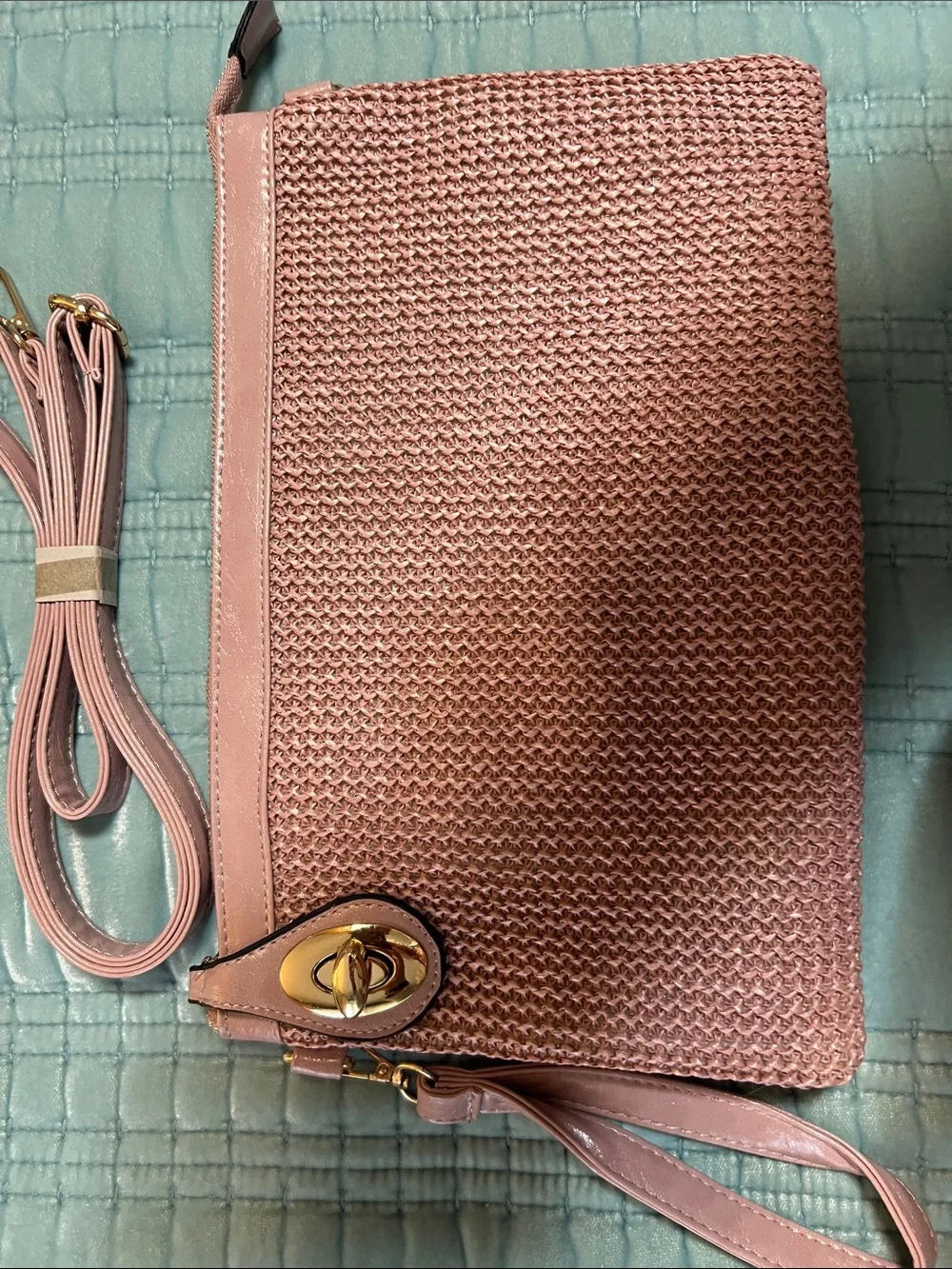 Woven Pink Crossbody Clutch Bag - Women's Shoulder Strap